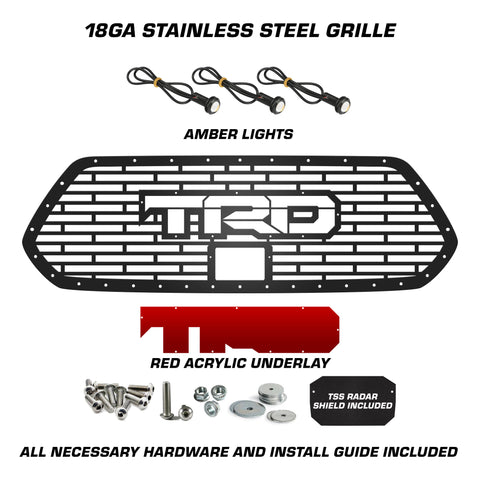 1 Piece Steel Pro Style Grille for Toyota Tacoma 2018-2023 - TRD w/ RED ACRYLIC UNDERLAY + 3 AMBER RAPTOR LIGHTS