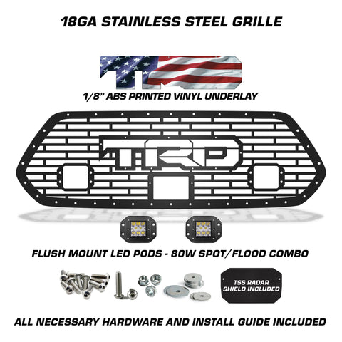 1 Piece Steel Pro Style Grille for Toyota Tacoma 2018-2023 - TRD w/ AMERICAN FLAG VINYL UNDERLAY + LED Light Pods